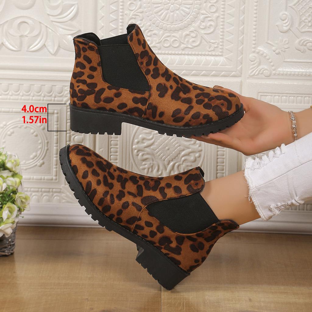New European and American Round Head Leopard Print Winter Thick Heel Low Tube Waterproof Table Elastic Sleeve Martin Boots
