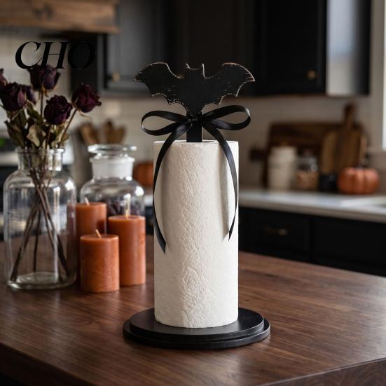 Wooden Kitchen Roll Stand Halloween Paper Towel Holder, Ghost/Pumpkin/Witch's Hat/Bat Decor, Country Style Home Accents Durable Wood Standing Reel for