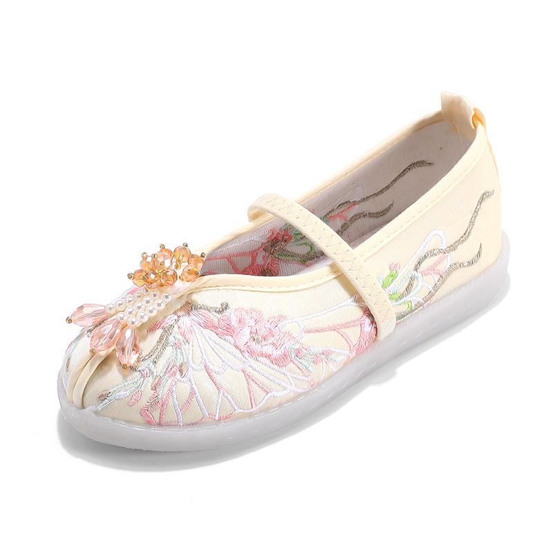 

Fashion New Children s Hanfu Shoes Pearl Floral Pattern Girls Embroidered Dress Shoes Causal Kids Princess Perform Flat Shoes 25 бежевий