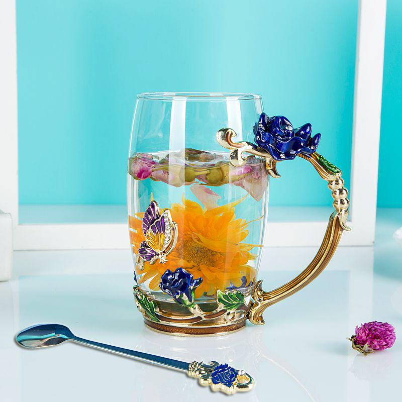 Blaue Rose Emaille Kristall Teetasse Kaffeetasse Becher Schmetterling Blume Wassertasse mit Löffel Trinkgeschirr Glastasse Liebhaber Hochzeit