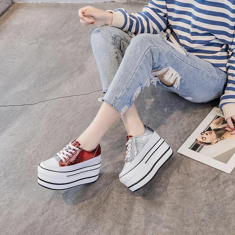 Mode 10cm Naturkuh Nähen Echtleder Plateau Keilabsatz Sneaker Klobig Bequem Herbst Frühling Damen Vulkanisierte Damenschuhe