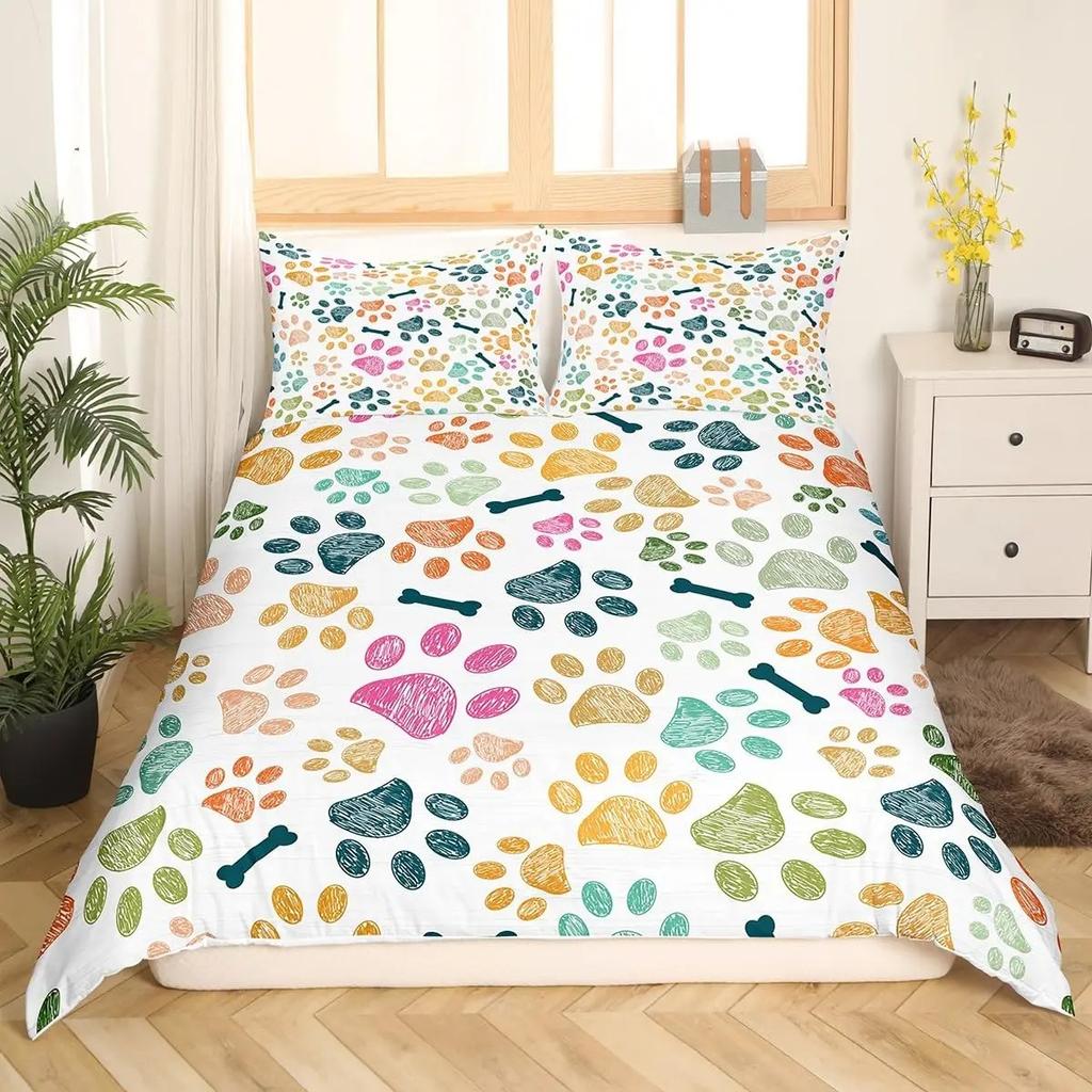 Dog Paw Print Duvet Cover Watercolor Gradient Puppy Footprints Comforter Cover with 2 Pillowcases,Funny Pets Animal Quilt Cover