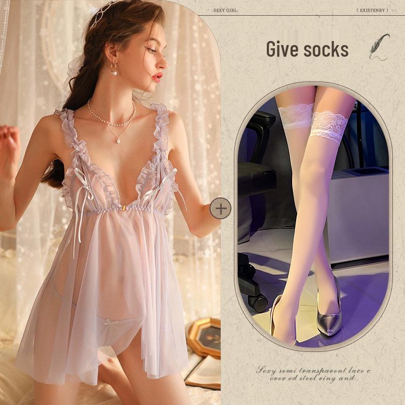 Temptation See-Through Hollow Out Chest Slit Sexy Sleepwear Lingerie Nightgown 814