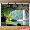 3D Cave Waterfall Nature Tapestry, Green Forest Lake Landscape Background Cloth, Modern Aesthetic Wall Decor
