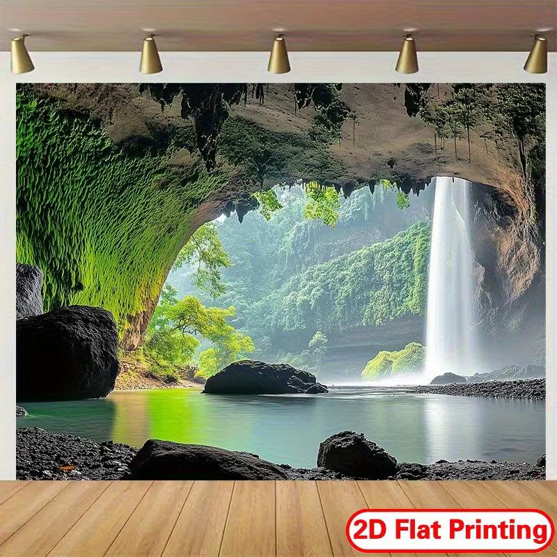 3D Cave Waterfall Nature Tapestry, Green Forest Lake Landscape Background Cloth, Modern Aesthetic Wall Decor