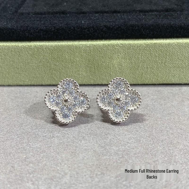 High-Version 18K Rose Gold Earrings: Four-Leaf Clover with White Mother-of-Pearl & Red Agate - Fashionable, Luxurious, INS Style.