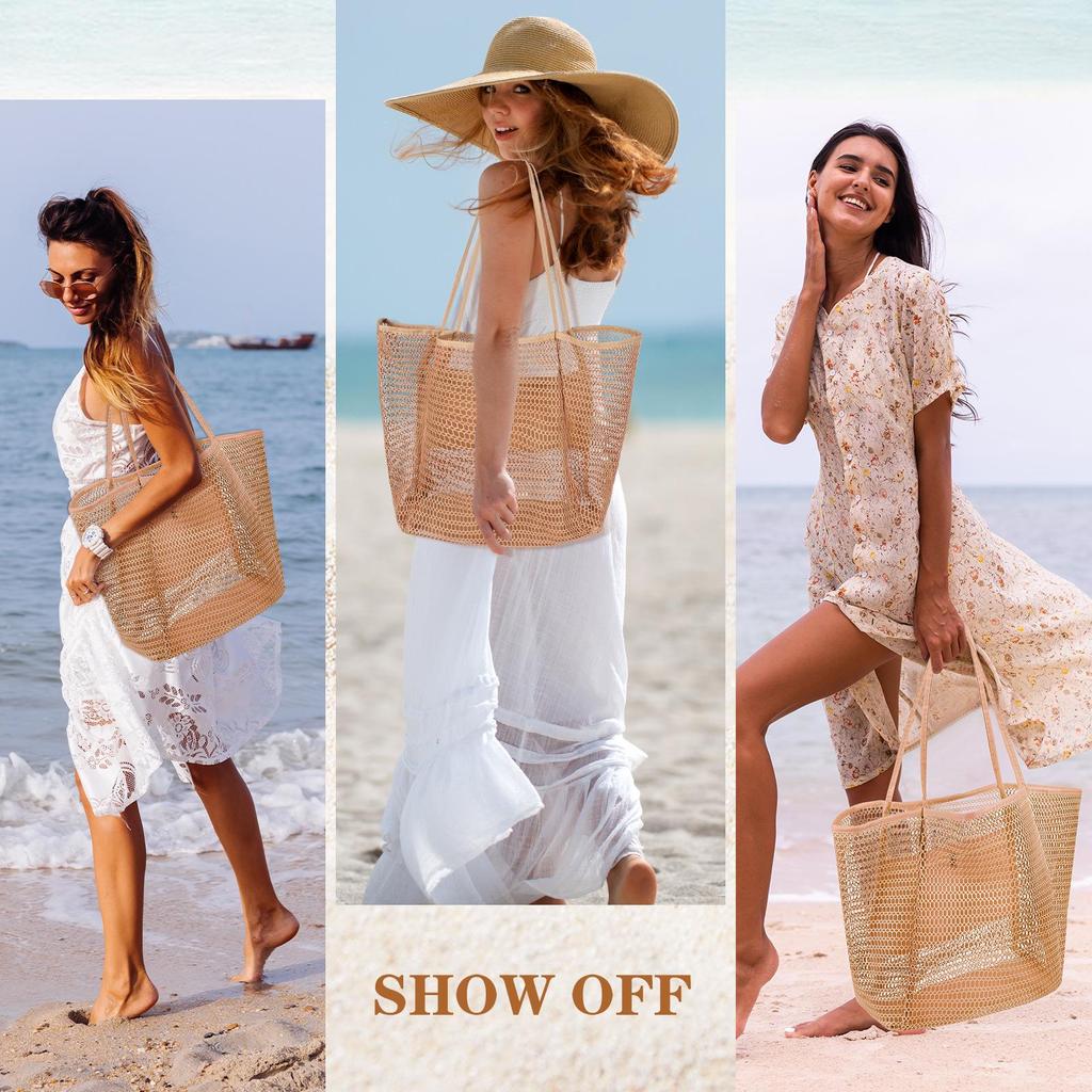 Women's Foldable Mesh Beach Bag - Versatile Shoulder Bag for Shopping and Travel