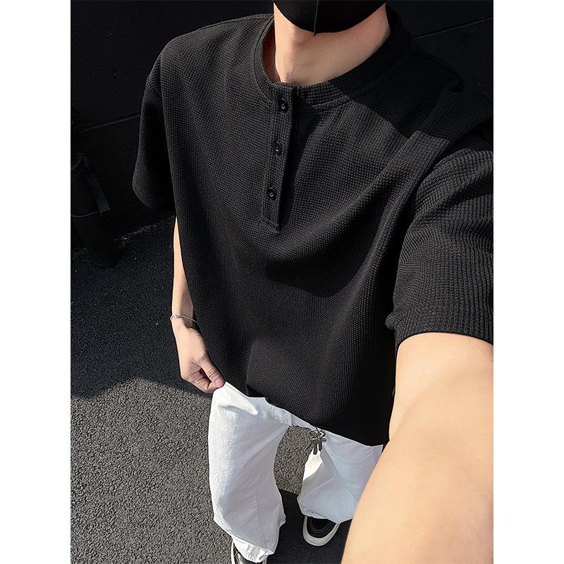 

Мужская вафельная футболка-henley с коротким рукавом, повседневная, свободного кроя, уличный стиль, топ M чёрный