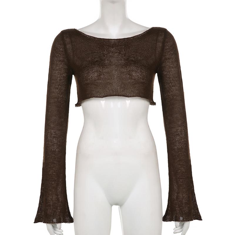 Women Casual Thin and Light Perspective Hollowed Out Tops Women's One-line Neck Slim Ultra-short Flared Sleeve Smock