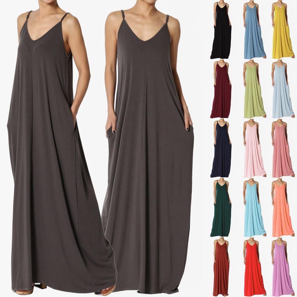 Elegant Women V-neck Long Beachwear Spaghetti Strap Cocktail Maxi Sundress