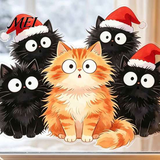 Indoor Outdoor Holiday Decor Christmas Window Cling, Cartoon Cats Sticker with Santa Hat, Removable Durable Sunproof Glass Stickers PVC Static
