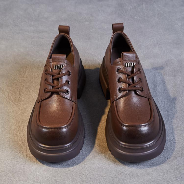 Johnature Thick Soled Genuine Leather Women's Shoes Versatile Lace Up British Style Height Increasing Pumps