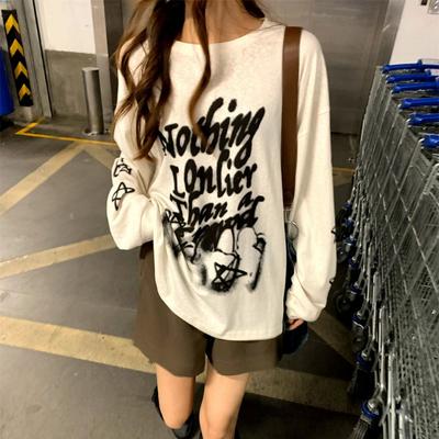 Vintage graficzne t-shirty damskie Y2k Streetwear koreański styl Hippie Grunge ponadgabarytowe bawełniane t-shirty biały top z długim rękawem
