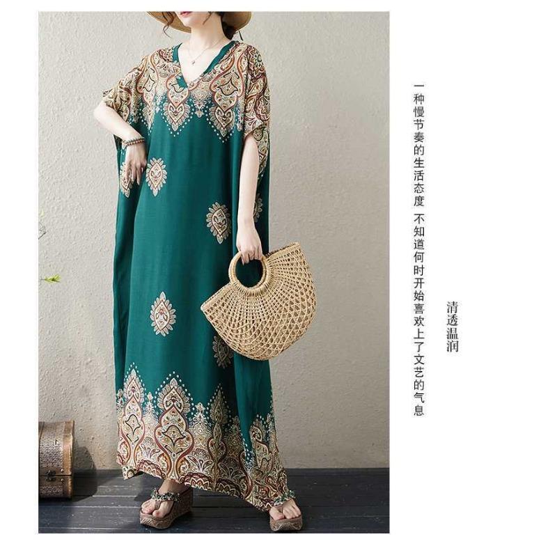 V Neck Fresh Floral Skinny Literary Vintage Bohemian Vacation Long Skirt