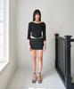 Poyeong Mid-Rise Micro Slit Skirt Black Pinstripe