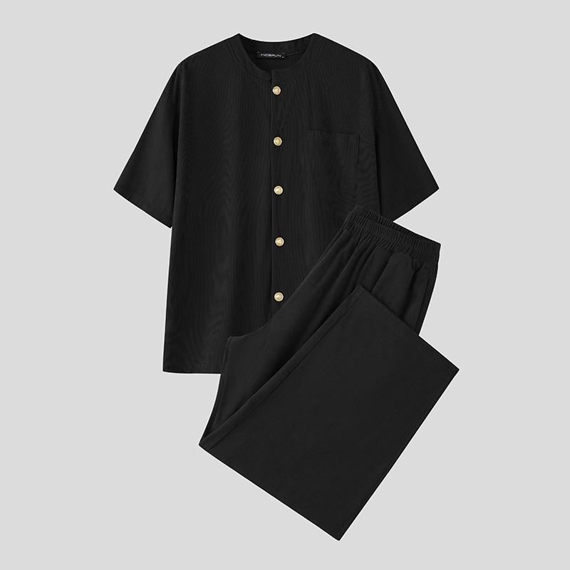 

INCERUN Two Pieces Men Corduroy Short Sleeve Shirt Long Pants Casual Sets Outfits M чёрный