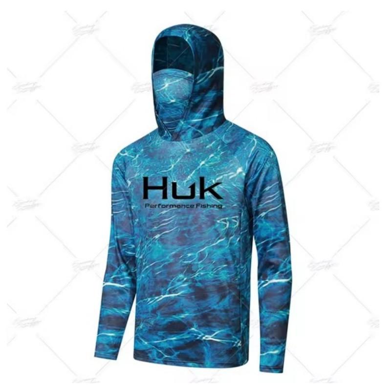 

HUK Fishing Hooded Shirt Mask Anti-ultraviolet Collar Suit Men s Long-sleeved Breathable Quick-drying T-shirt 5XL