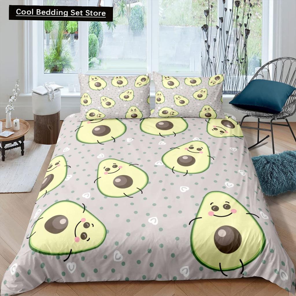 Husă de pilotă verde avocado King Queen Set de lenjerie de pat cu avocado din desene animate Husă de pilota cu fructe Husă de pilotă din poliester cu plante tropicale