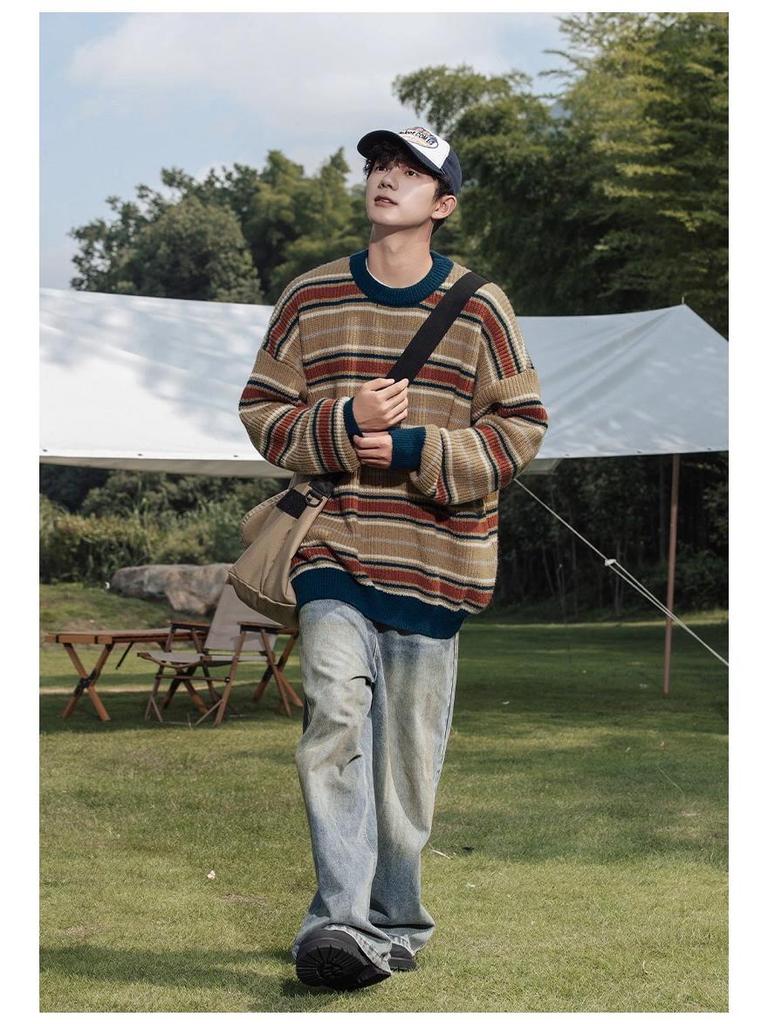 Mountain Style Retro Colorblock Stripe Sweater - Trendy American Knitwear for Couples (Autumn/Winter)