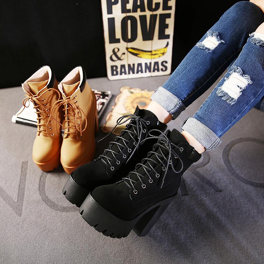 Neueste 2022 Plateau-Stiefeletten Damen Herbst Schnürung Dicke Hohe Absätze Damen Mode Schuhe Damen Freizeit Schuhwerk 358
