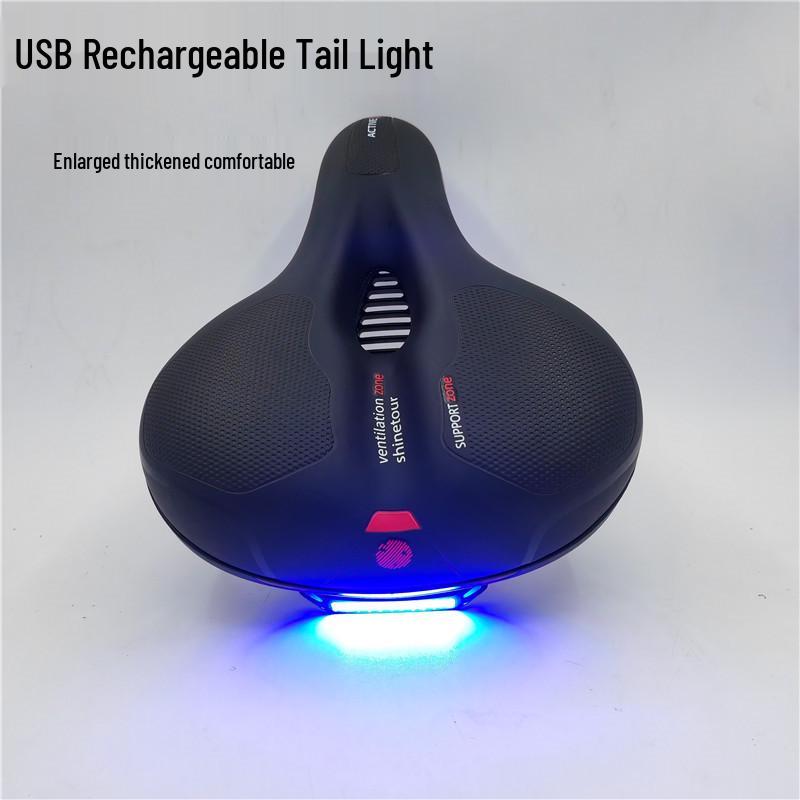 Mountain Bike Saddle with Center Hole, Cushion, USB Charging Tail Light Holder, Shock Absorbing Ball, and Lighted Seat Bag