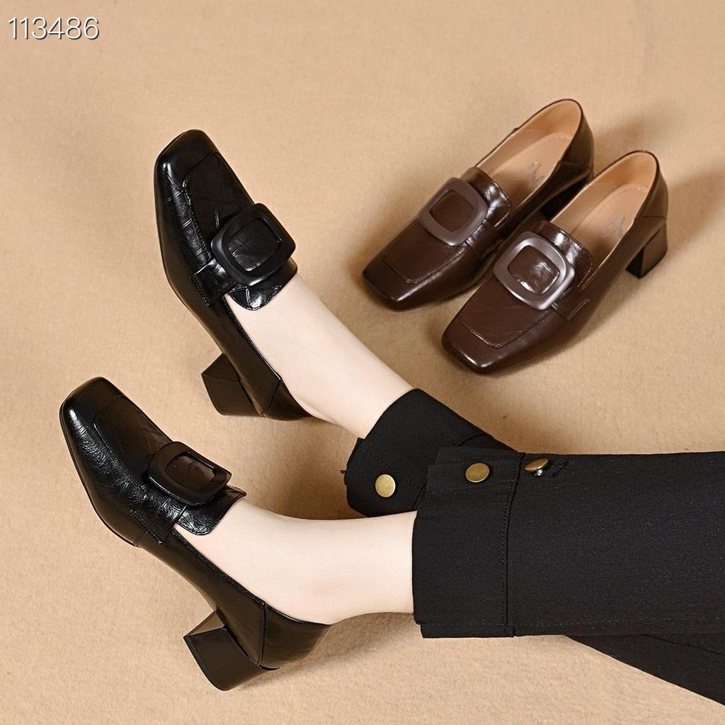 Scarpe da donna in pelle retrò britanniche, nuove, a punta quadrata, a tacco basso, a mocassino, con suola morbida