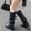Pleated Boots Pants Tube Versatile Knee Belt Buckle Pile Boots Skinny Black But Big Head Muffin Thick Sole Knight Boots