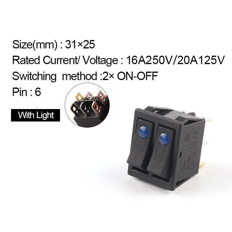 1 buc întrerupător basculant cu buton dublu cu lumină 31 * 25 mm 6 pini 2/3 poziții întrerupător de alimentare pentru barcă ON-OFF/ON-OFF-ON 16A/250V 20A/125V KCD4