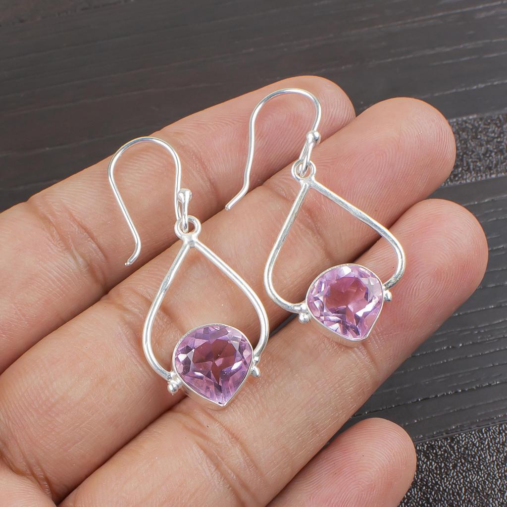 Morganite Earrings, Handmade Gemstone 925 Solid Sterling Silver Earrings Antique Jewelry, For Engagement Gift