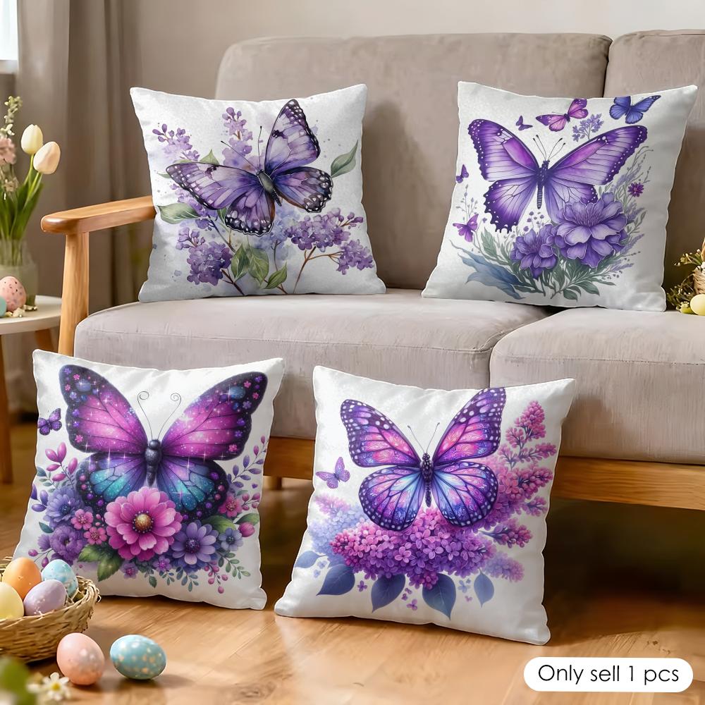 Butterfly and flower Cushion Cover Soft Short Plush Pillow Cover Smooth Cozy Texture Aesthetic Cushion Case Home Decor