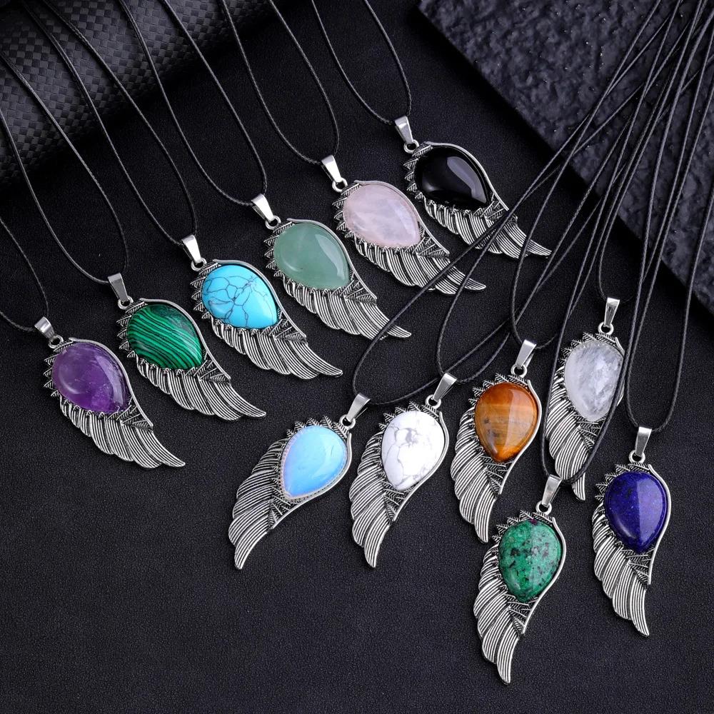 Natural Crystal Necklace Angel Single Winged Pendant Natural Gem Necklaces Jewelry Healing Stone Necklaces for Women Angel Wings