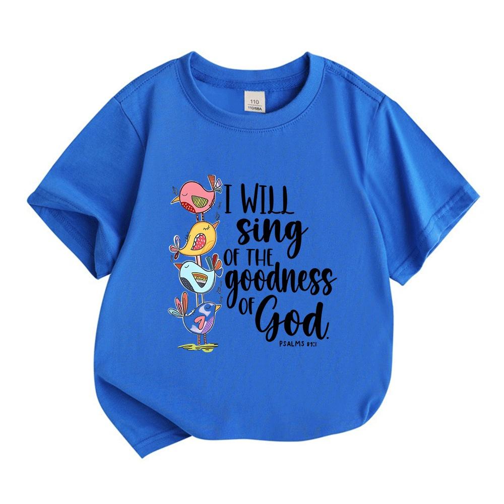 Kids Boys Girls 100% Cotton Crew Neck Short Sleeve T-Shirt, I Will Sing of The Goodness God Psalm 101 Cute Stacked Birds Print Casual Summer Tee Tops