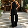 Women's Halter Neck Jumpsuit, Sleeveless Casual Wide Leg Rompers, Summer High Waist One Piece Outfits with Pockets