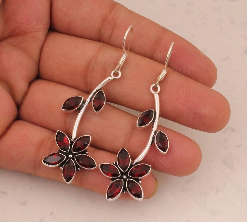 Solid 925 Sterling Silver Garnet Gemstone Handmade Boho Designer Lond Dangle Earring Jewelry Gift For her