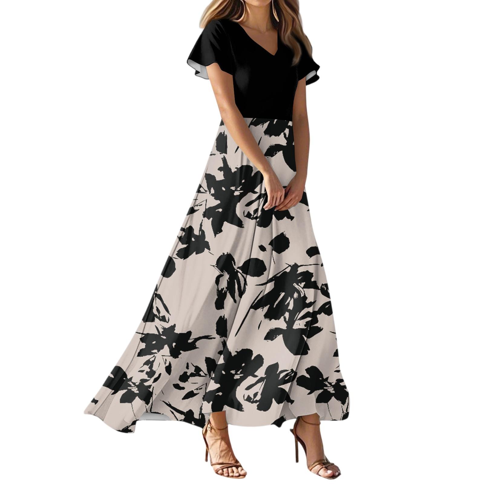 

Женское летнее повседневное модное платье с цветочным принтом и V-образным вырезом с коротким рукавом XXL тёмно-синий