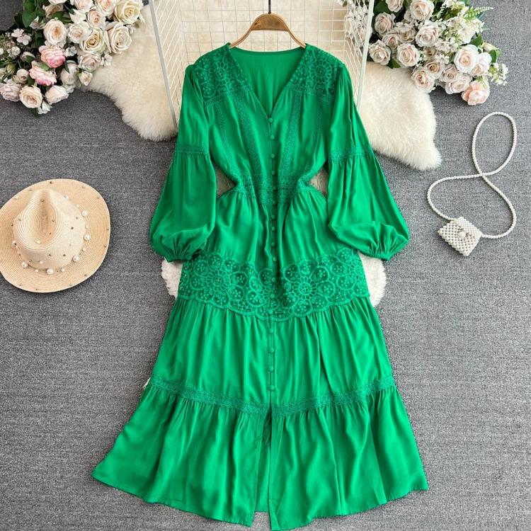 Elegant Green Bohemian V Neck Lantern Sleeve A Line Vestido Holiday Party Dress Sweet Chic Casual Women Fashion Solid
