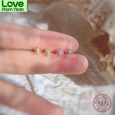 925 Sterling Silver Japanese Simple Hollow Flower Crystal Plating 14k Gold Earrings Women Fashion Elegant Party Jewelry