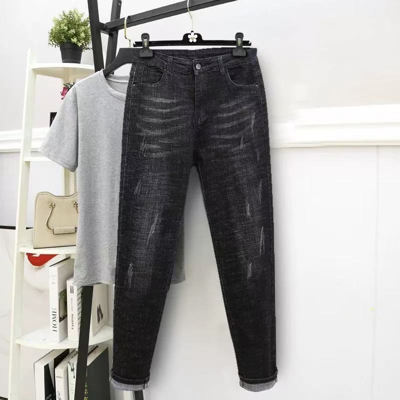 Spring Autumn Women's High-waist Jeans Slim Fit Stretchy Plus-size Skinny Jeans Tight Nine-point Pants