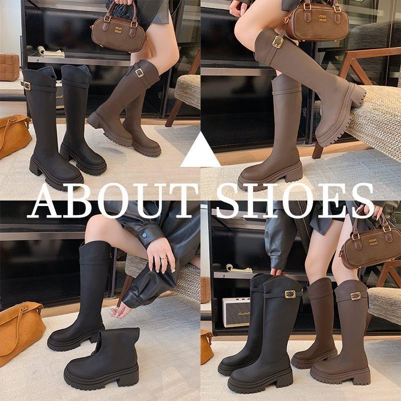 Dicksohlige V-hohe Stiefel mit neuem Retro-Gürtel, Samtstiefel für Herbst und Winter, Stiefel Stiefel Damen, dünne Schnalle, Ritterstiefel 2025