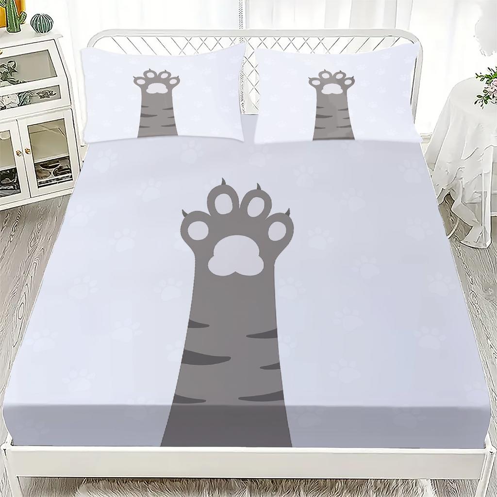 3pcs Cartoon Fitted Sheet Set Cute Lovely Cat Paw Print 100% Polyester Breathable Bedding Set for Home Decor with 2 Pillowcases