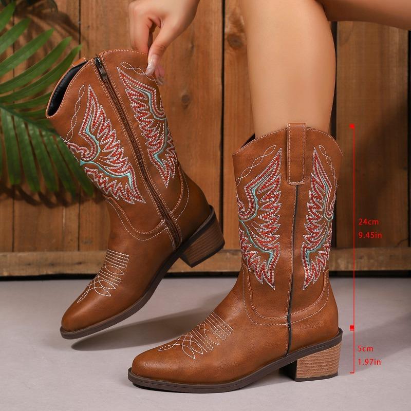 Autumn foreign trade large size retro style thick heel high boots women's cross-border embroidery color matching temperament side zipper knight boots