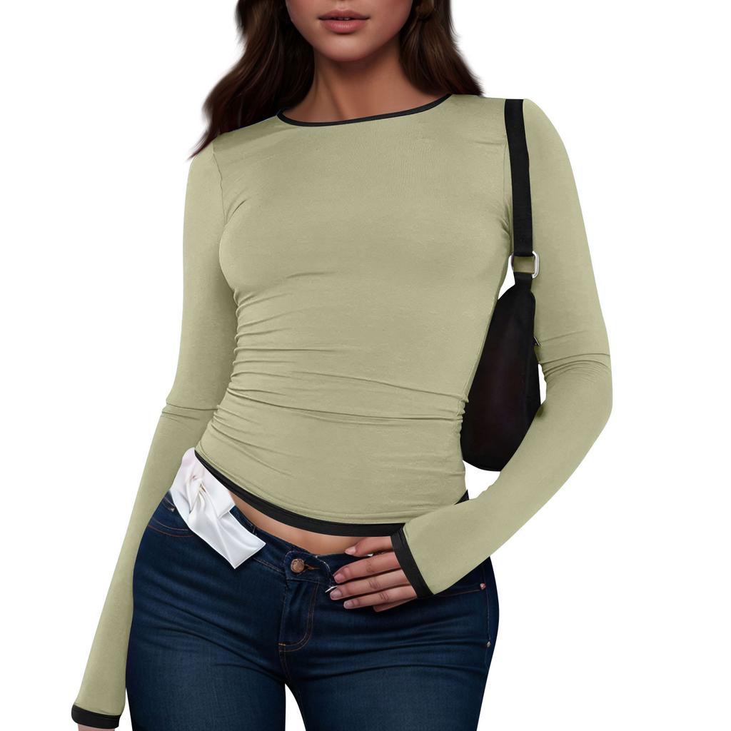 Women's Fashion Colour Blocking Round Neck Long Sleeve T-Shirt Top