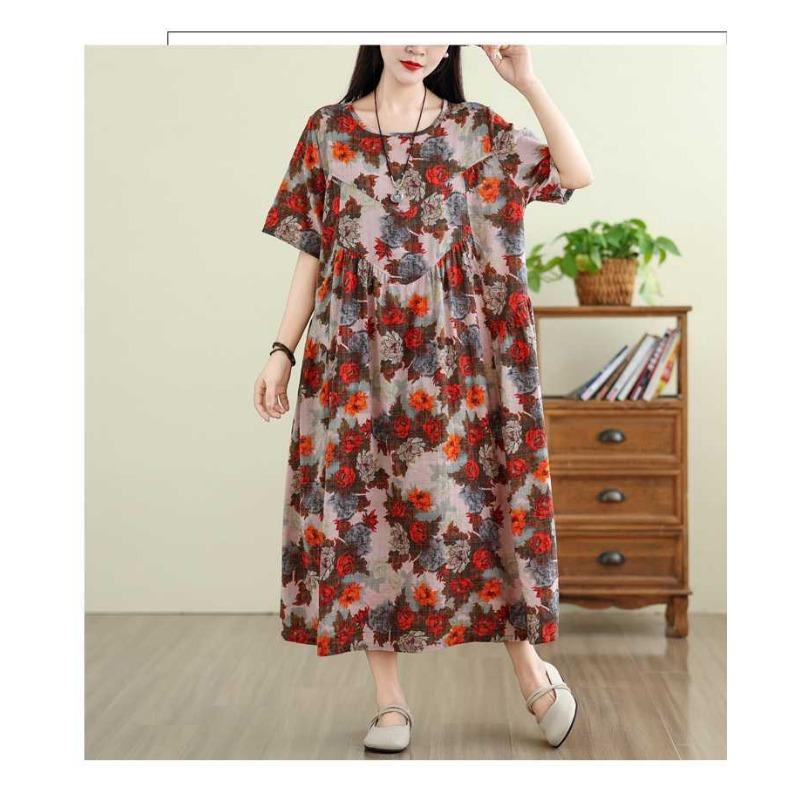 Retro Cotton and Linen Round Neck Short Sleeved Dress, Women's Loose Skirt