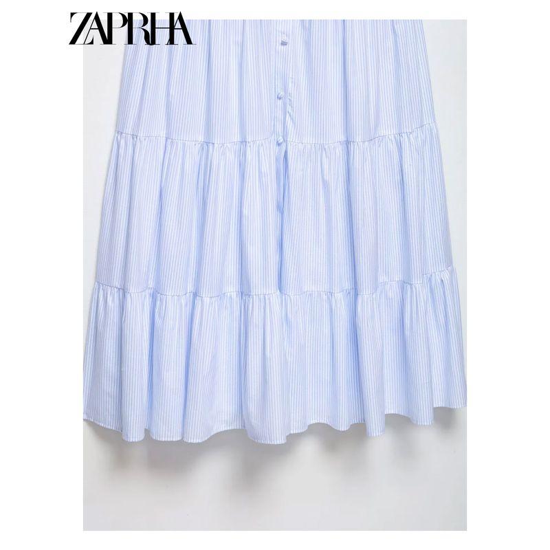 Zaprha 2025 New Holiday Stripes Sleeveless Waist Trimming Spaghetti Straps Casual Midi Skirt Dress 2587070