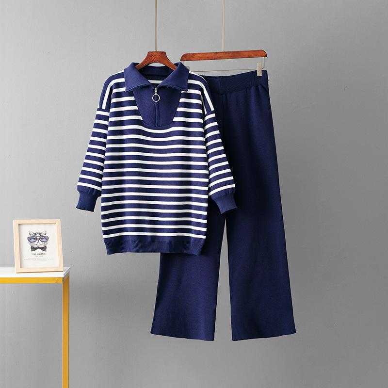 POLO Collar Striped Sweater Set Women's Autumn and Winter Loose Fashion Casual Knitting Two-piece Set