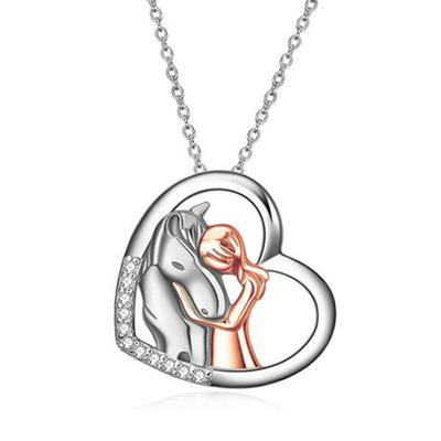 Dainty Rose Gold White Horse with Girl Silver Heart Pendant Necklace Jewelry