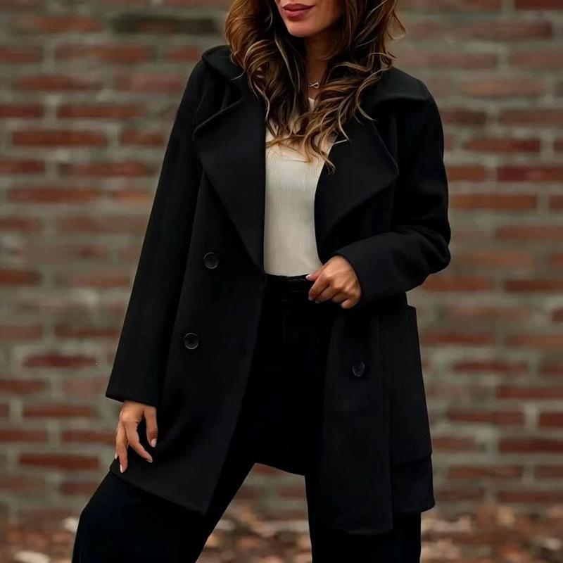 Turndown Collar Trench Women Coat Windbreaker Fitted Clothes Femme Loose Cloak Woolen Double-breasted Coat Outwear