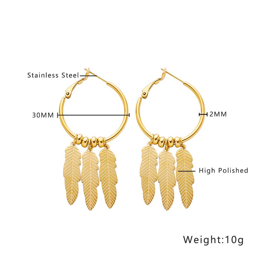 Retro Gold Three-Leaf Circle Ear Cuffs with Tassels - European Style Stainless Steel Titanium Earrings for Women золотой