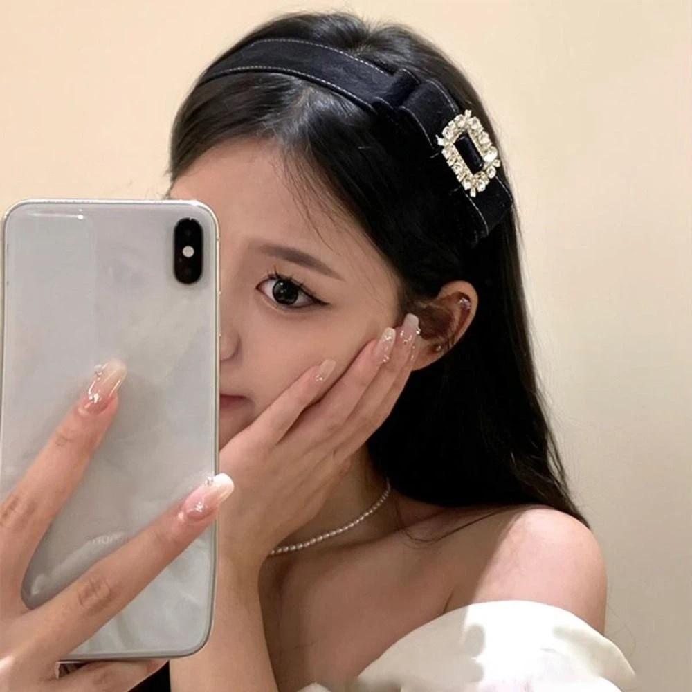 Korean Style Rhinestone Bow Headband Vintage Flocking Hair Hoop Wide Edge Hairband  Lady