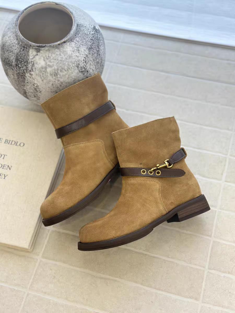 

New autumn and winter women s boots retro flat-heeled western boots frosted leather merad medium tube short boots desert martin boots velvet 40 коричневий